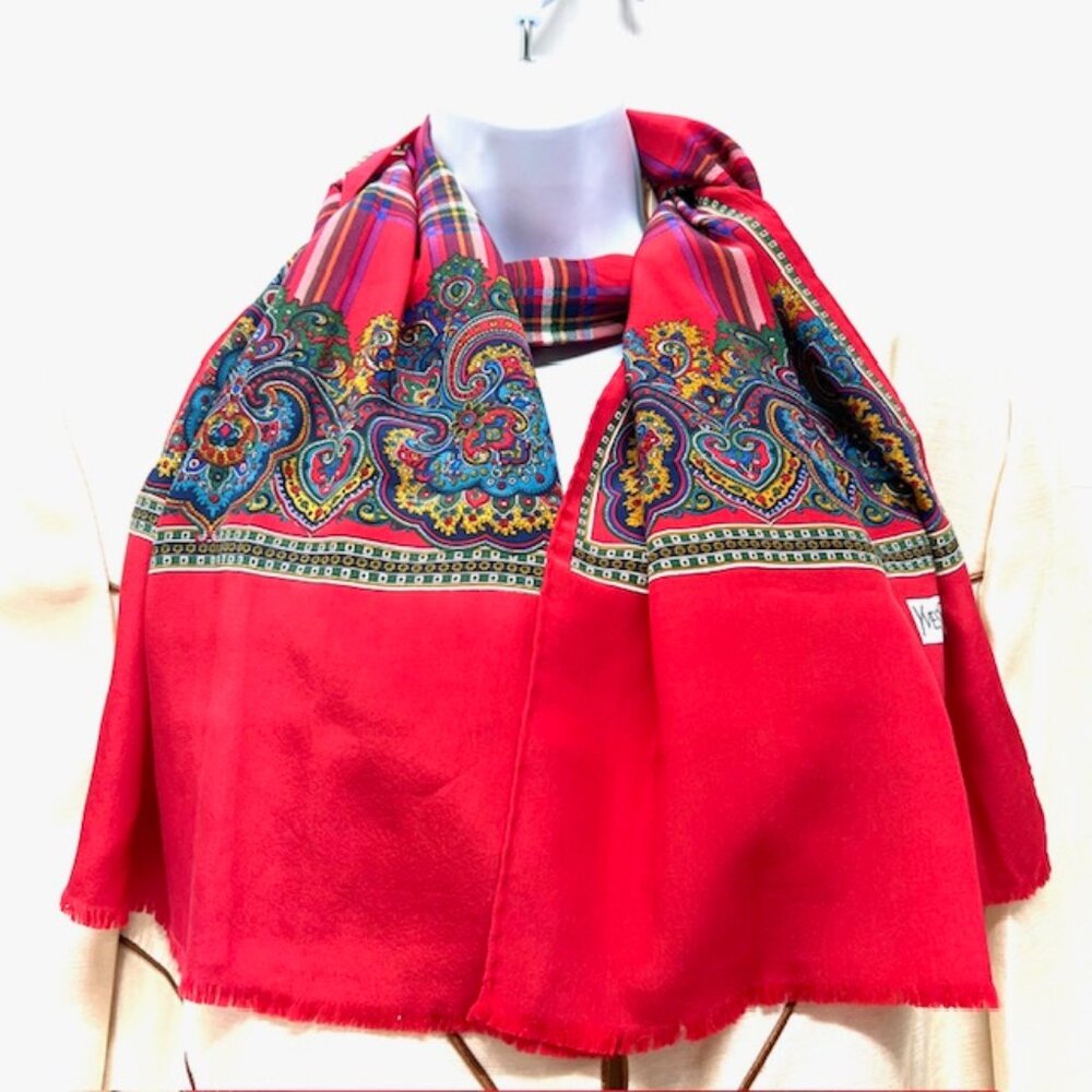 Beautiful Yves Saint Laurent YSL  Silk Satin Scarf 60"x15" Red Green Fringe (22 - Picture 8 of 14